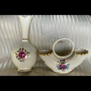 Lenox vintage rose bud vase & basket handle vase